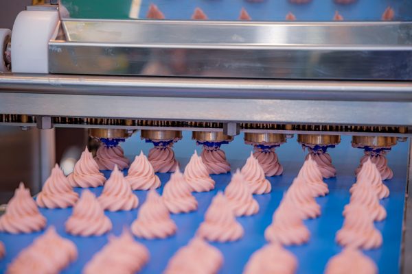 Cakes on automatic conveyor belt , process of baking in confectionery factory.